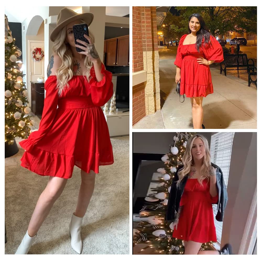 Women Tie Back Summer Dresses Long Lantern Sleeve Square Neck Ruffle Elastic Waist Aline Casual Mini Dress