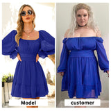 Women Tie Back Summer Dresses Long Lantern Sleeve Square Neck Ruffle Elastic Waist Aline Casual Mini Dress