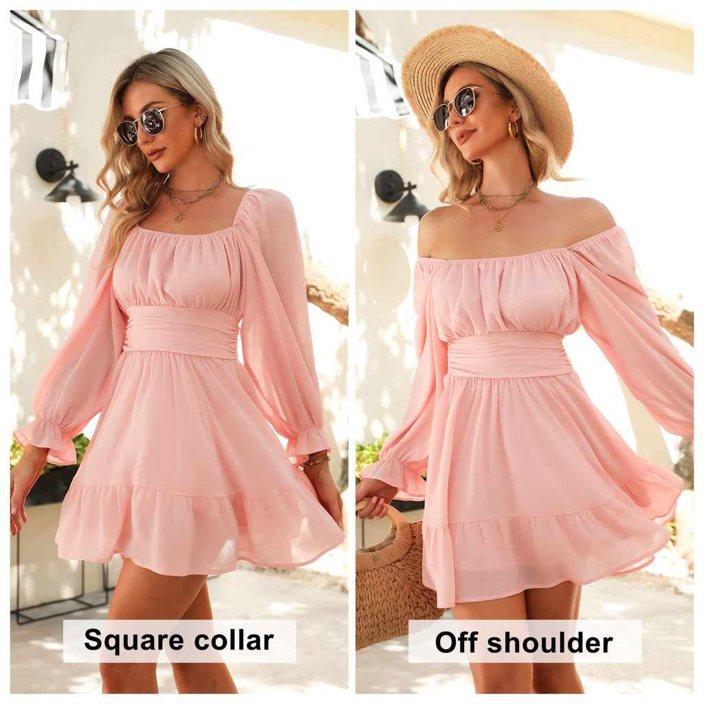 Women Tie Back Summer Dresses Long Lantern Sleeve Square Neck Ruffle Elastic Waist Aline Casual Mini Dress