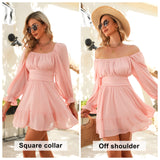 Women Tie Back Summer Dresses Long Lantern Sleeve Square Neck Ruffle Elastic Waist Aline Casual Mini Dress