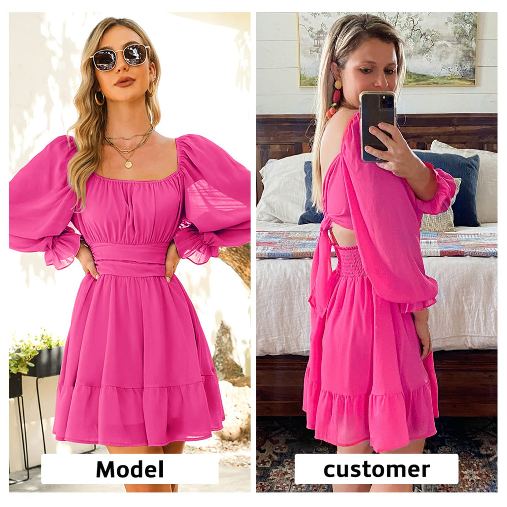 Women Tie Back Summer Dresses Long Lantern Sleeve Square Neck Ruffle Elastic Waist Aline Casual Mini Dress