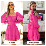 Women Tie Back Summer Dresses Long Lantern Sleeve Square Neck Ruffle Elastic Waist Aline Casual Mini Dress