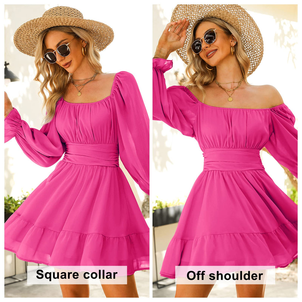 Women Tie Back Summer Dresses Long Lantern Sleeve Square Neck Ruffle Elastic Waist Aline Casual Mini Dress