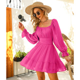 Women Tie Back Summer Dresses Long Lantern Sleeve Square Neck Ruffle Elastic Waist Aline Casual Mini Dress