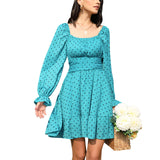 Women Tie Back Summer Dresses Long Lantern Sleeve Square Neck Ruffle Elastic Waist Aline Casual Mini Dress