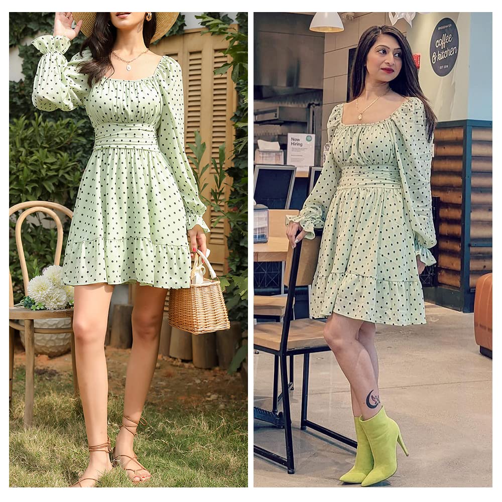 Women Tie Back Summer Dresses Long Lantern Sleeve Square Neck Ruffle Elastic Waist Aline Casual Mini Dress