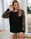 Womens Casual Long Puff Sleeve Waffle Knit Pullover Tunic Tops with Leopard Print