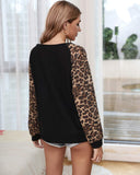 Womens Casual Long Puff Sleeve Waffle Knit Pullover Tunic Tops with Leopard Print