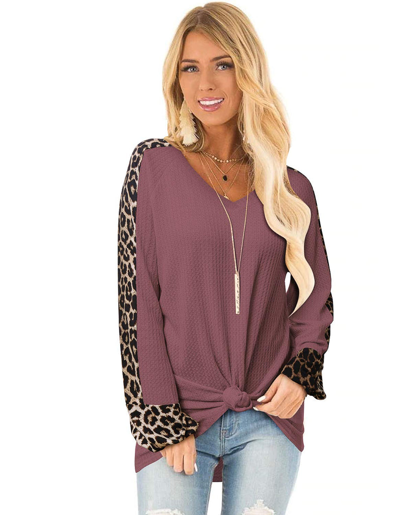 Womens Casual Long Puff Sleeve Waffle Knit Pullover Tunic Tops with Leopard Print