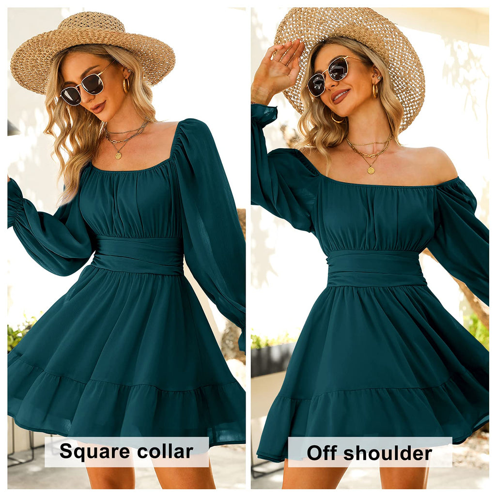 Women Tie Back Summer Dresses Long Lantern Sleeve Square Neck Ruffle Elastic Waist Aline Casual Mini Dress