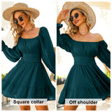 Women Tie Back Summer Dresses Long Lantern Sleeve Square Neck Ruffle Elastic Waist Aline Casual Mini Dress
