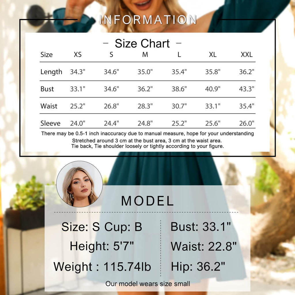 Women Tie Back Summer Dresses Long Lantern Sleeve Square Neck Ruffle Elastic Waist Aline Casual Mini Dress