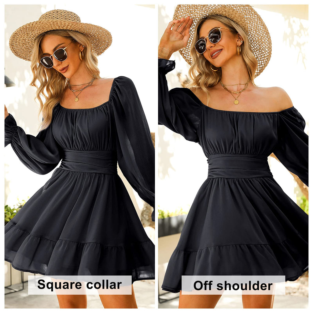 Women Tie Back Summer Dresses Long Lantern Sleeve Square Neck Ruffle Elastic Waist Aline Casual Mini Dress