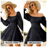 Women Tie Back Summer Dresses Long Lantern Sleeve Square Neck Ruffle Elastic Waist Aline Casual Mini Dress