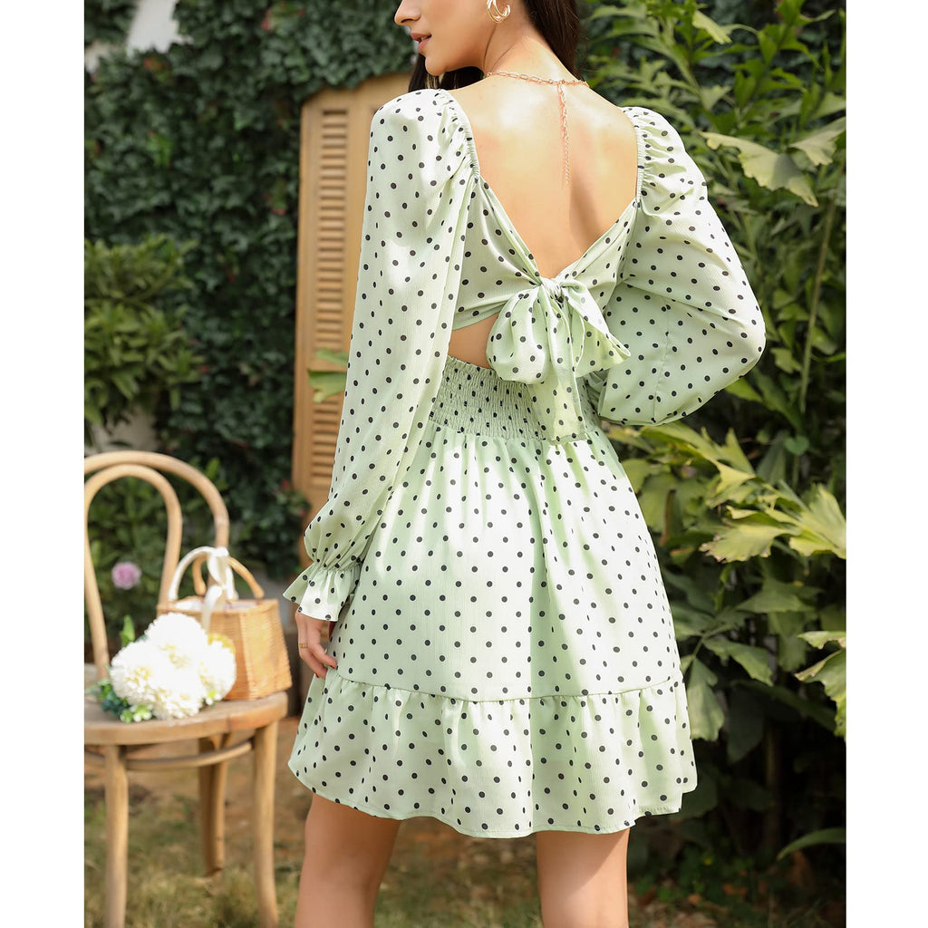 Women Tie Back Summer Dresses Long Lantern Sleeve Square Neck Ruffle Elastic Waist Aline Casual Mini Dress