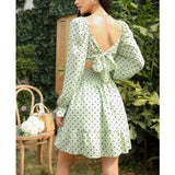 Women Tie Back Summer Dresses Long Lantern Sleeve Square Neck Ruffle Elastic Waist Aline Casual Mini Dress