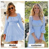 Women Tie Back Summer Dresses Long Lantern Sleeve Square Neck Ruffle Elastic Waist Aline Casual Mini Dress