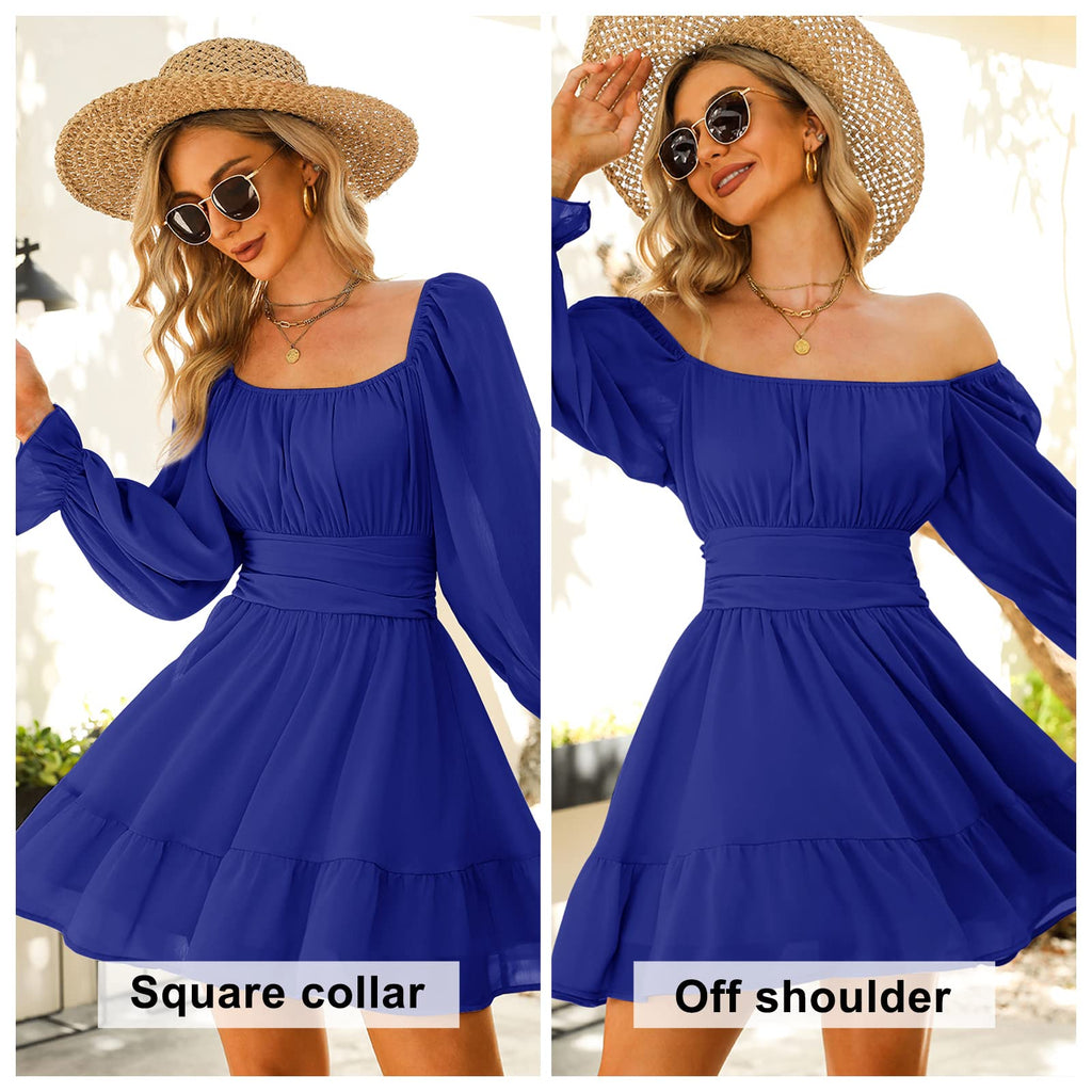 Women Tie Back Summer Dresses Long Lantern Sleeve Square Neck Ruffle Elastic Waist Aline Casual Mini Dress