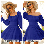 Women Tie Back Summer Dresses Long Lantern Sleeve Square Neck Ruffle Elastic Waist Aline Casual Mini Dress