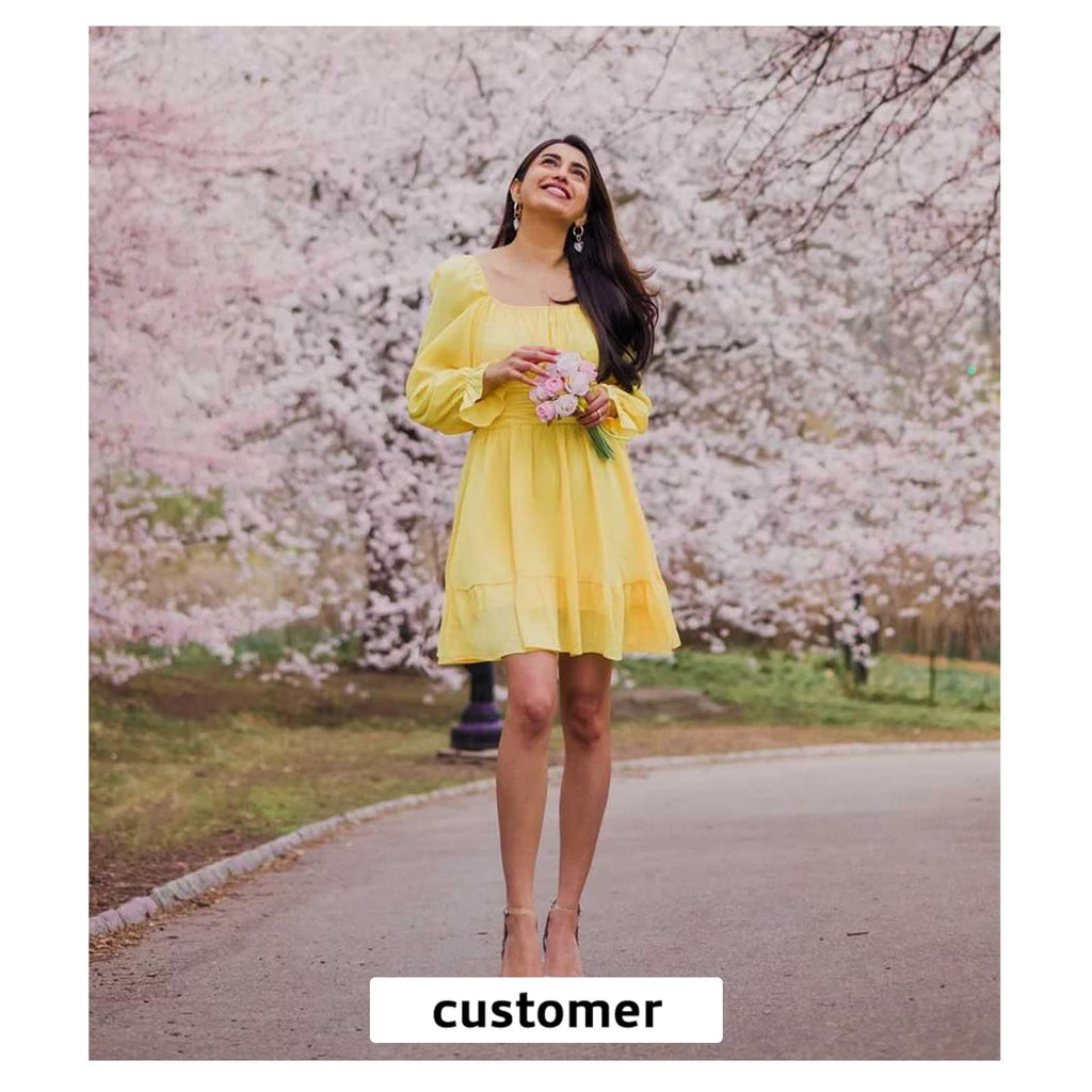 Women Tie Back Summer Dresses Long Lantern Sleeve Square Neck Ruffle Elastic Waist Aline Casual Mini Dress
