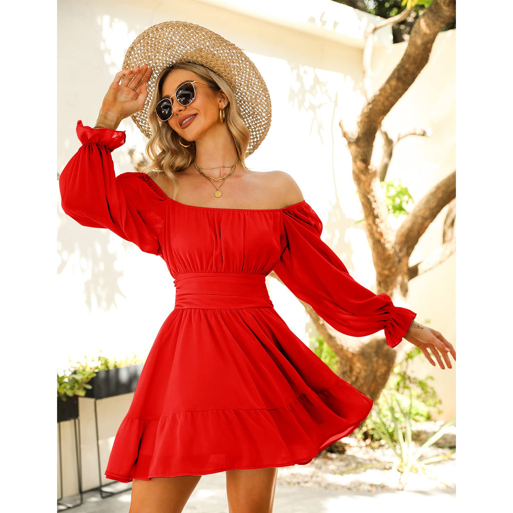 Women Tie Back Summer Dresses Long Lantern Sleeve Square Neck Ruffle Elastic Waist Aline Casual Mini Dress