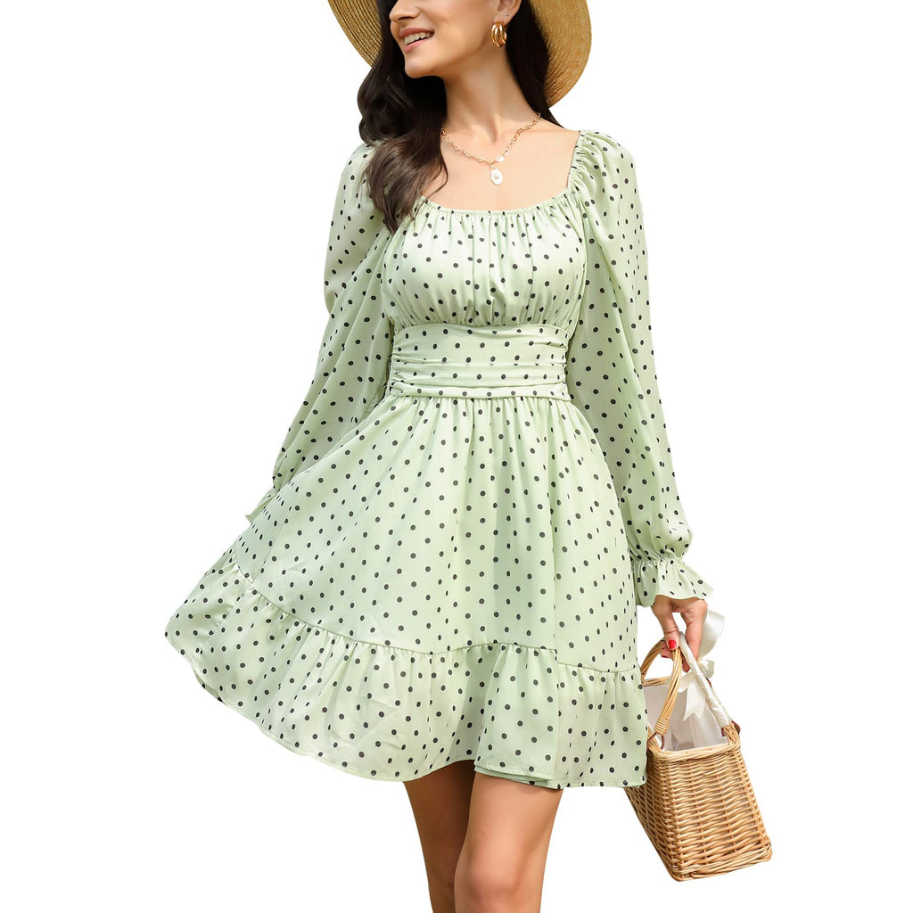 Women Tie Back Summer Dresses Long Lantern Sleeve Square Neck Ruffle Elastic Waist Aline Casual Mini Dress