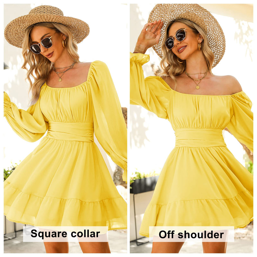 Women Tie Back Summer Dresses Long Lantern Sleeve Square Neck Ruffle Elastic Waist Aline Casual Mini Dress