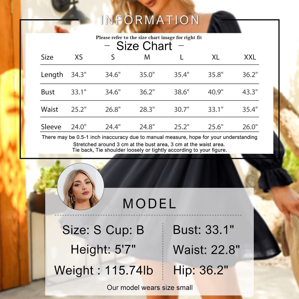 Women Tie Back Summer Dresses Long Lantern Sleeve Square Neck Ruffle Elastic Waist Aline Casual Mini Dress