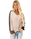 Womens Casual Long Puff Sleeve Waffle Knit Pullover Tunic Tops with Leopard Print