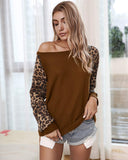 Womens Casual Long Puff Sleeve Waffle Knit Pullover Tunic Tops with Leopard Print