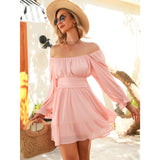 Women Tie Back Summer Dresses Long Lantern Sleeve Square Neck Ruffle Elastic Waist Aline Casual Mini Dress