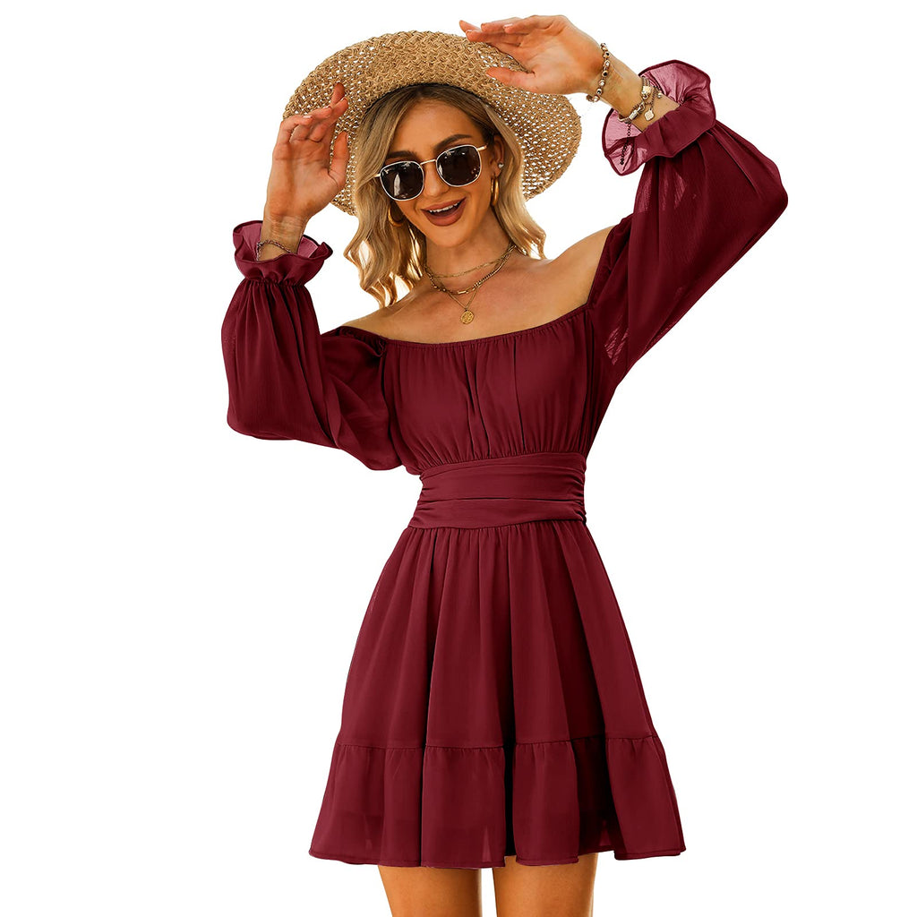 Women Tie Back Summer Dresses Long Lantern Sleeve Square Neck Ruffle Elastic Waist Aline Casual Mini Dress
