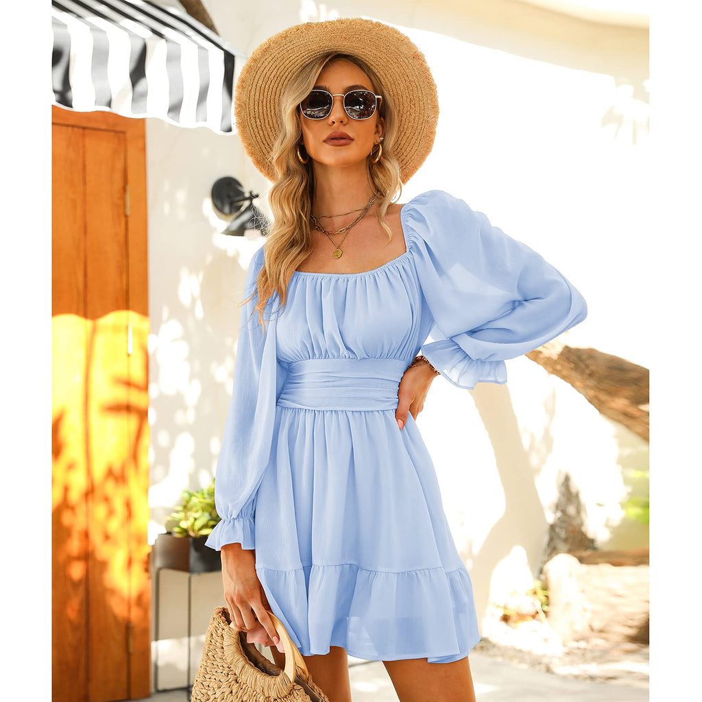 Women Tie Back Summer Dresses Long Lantern Sleeve Square Neck Ruffle Elastic Waist Aline Casual Mini Dress