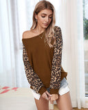 Womens Casual Long Puff Sleeve Waffle Knit Pullover Tunic Tops with Leopard Print