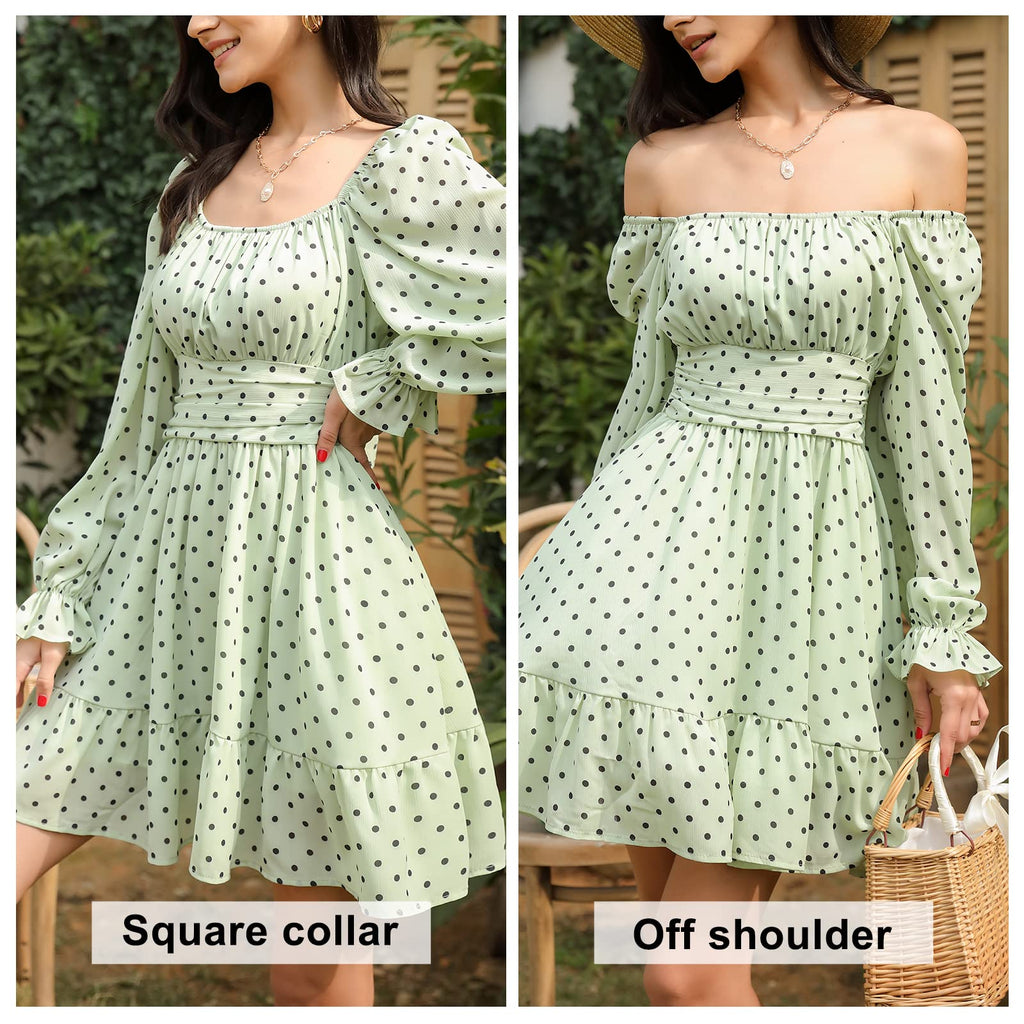 Women Tie Back Summer Dresses Long Lantern Sleeve Square Neck Ruffle Elastic Waist Aline Casual Mini Dress
