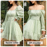 Women Tie Back Summer Dresses Long Lantern Sleeve Square Neck Ruffle Elastic Waist Aline Casual Mini Dress