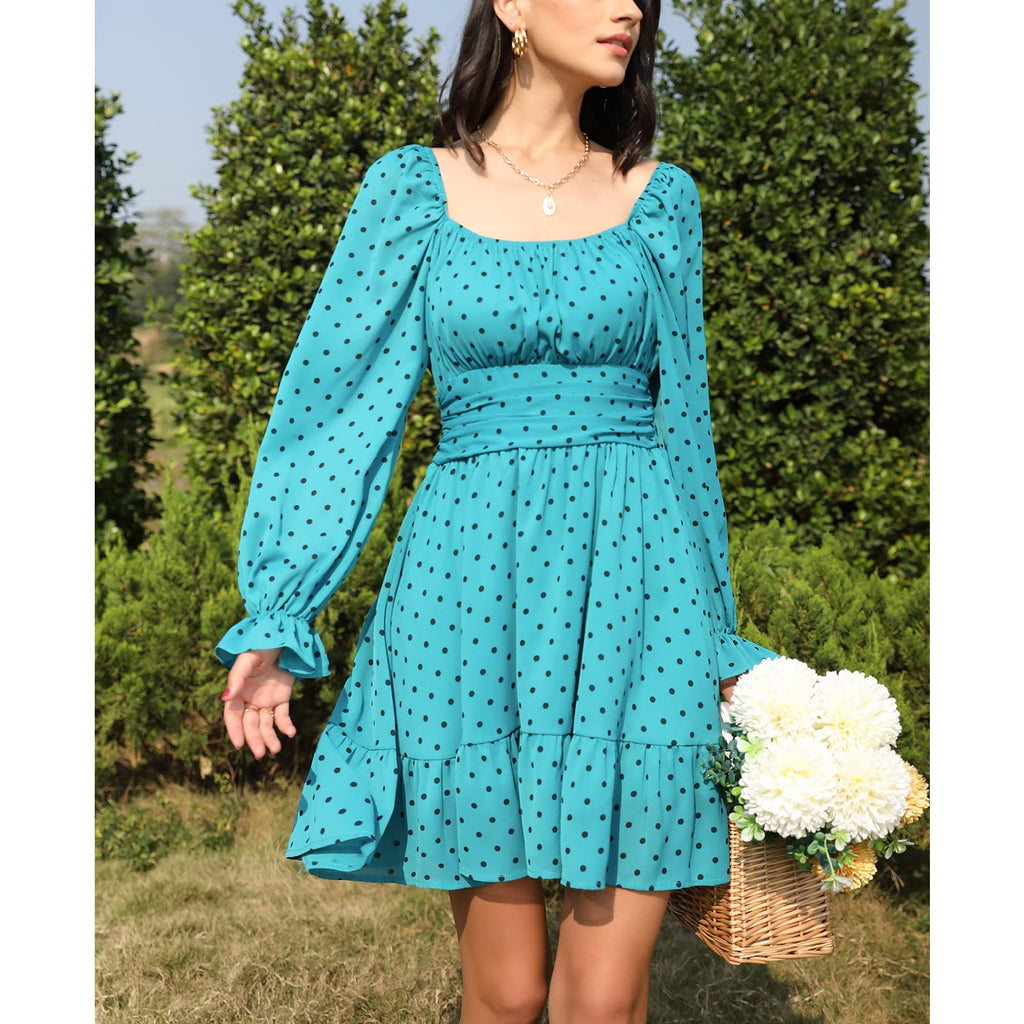 Women Tie Back Summer Dresses Long Lantern Sleeve Square Neck Ruffle Elastic Waist Aline Casual Mini Dress