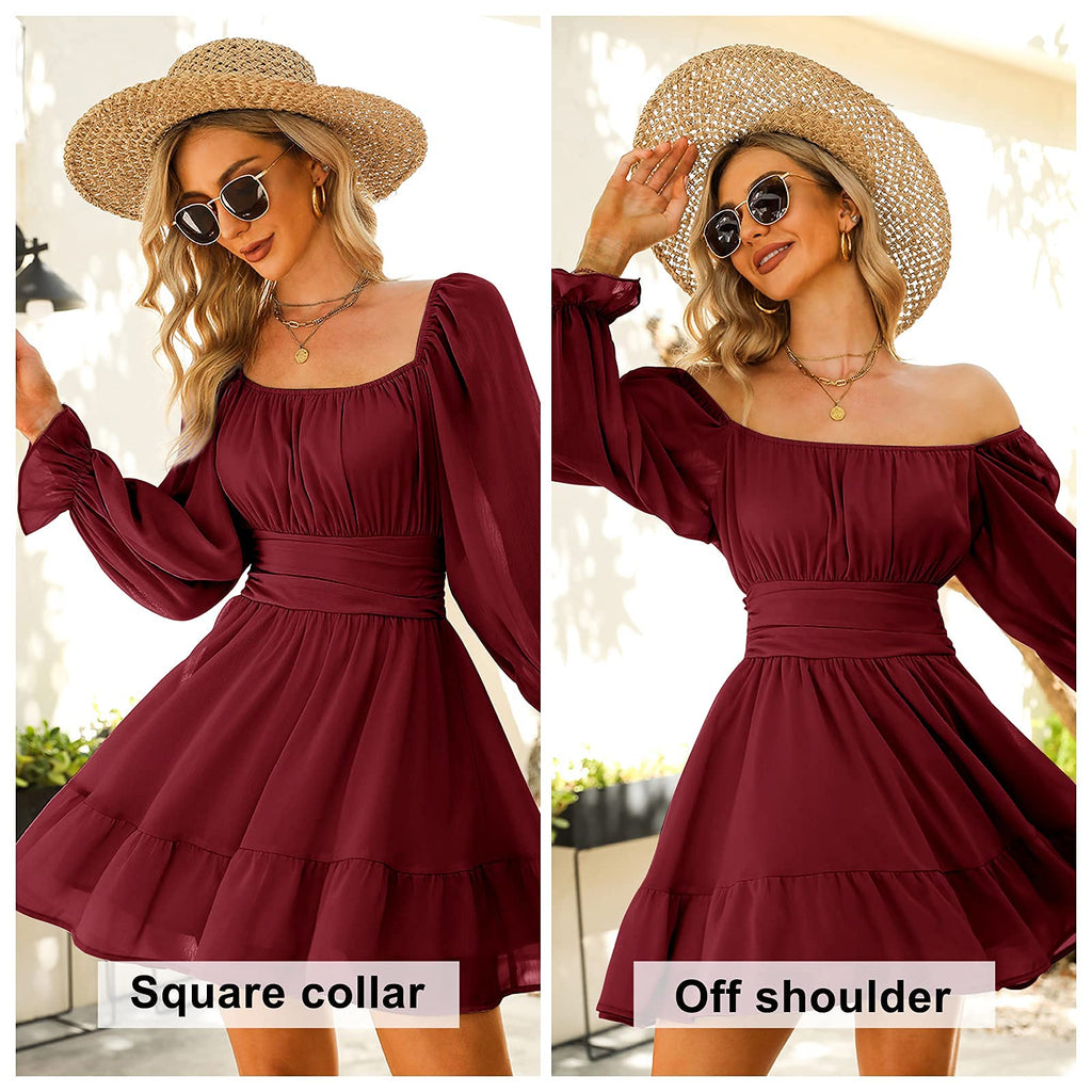 Women Tie Back Summer Dresses Long Lantern Sleeve Square Neck Ruffle Elastic Waist Aline Casual Mini Dress