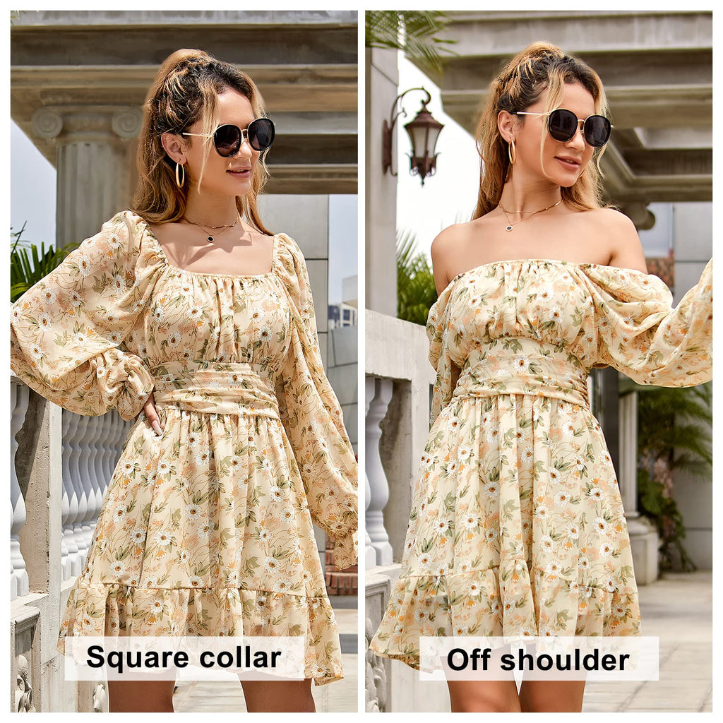 Women Tie Back Summer Dresses Long Lantern Sleeve Square Neck Ruffle Elastic Waist Aline Casual Mini Dress