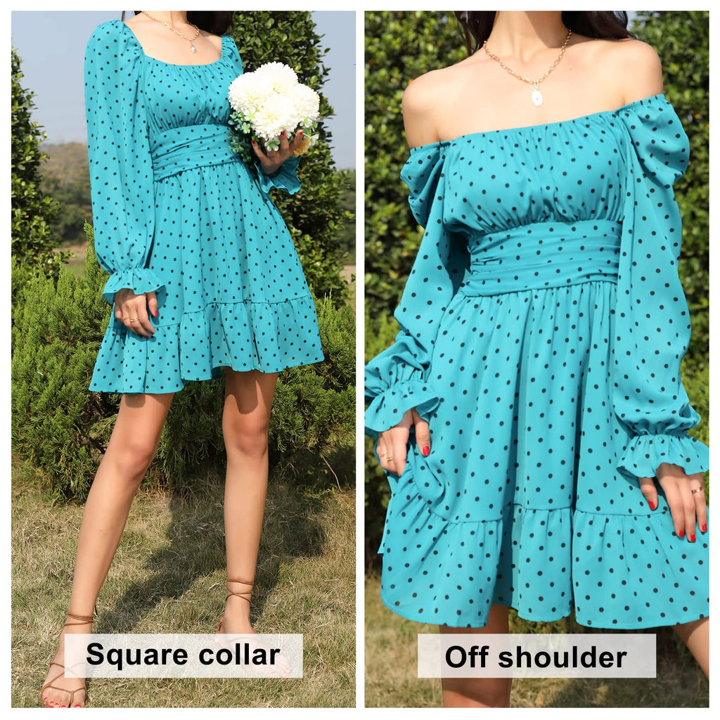 Women Tie Back Summer Dresses Long Lantern Sleeve Square Neck Ruffle Elastic Waist Aline Casual Mini Dress
