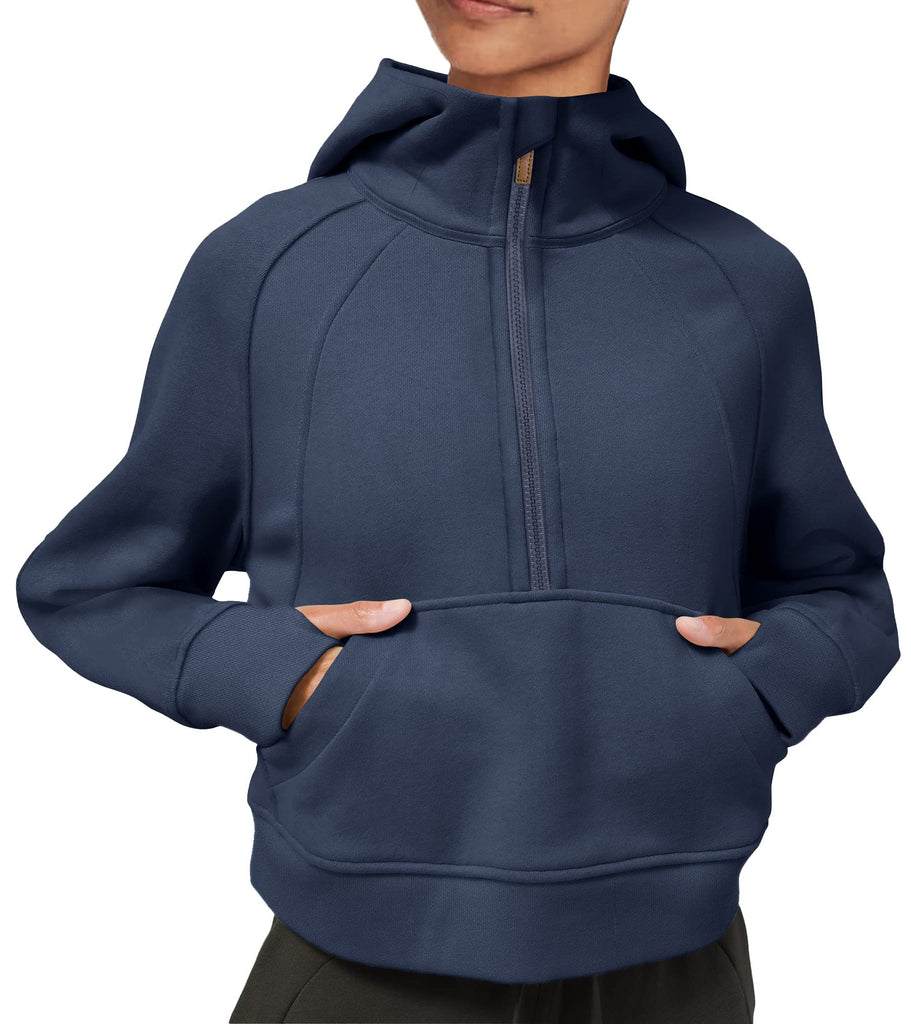 Womens Hoodies Fleece Lined Collar Pullover 1/2 Zipper Sweatshirts Long Sleeve Crop Tops Sweater Thumb Hole