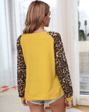 Womens Casual Long Puff Sleeve Waffle Knit Pullover Tunic Tops with Leopard Print
