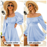 Women Tie Back Summer Dresses Long Lantern Sleeve Square Neck Ruffle Elastic Waist Aline Casual Mini Dress