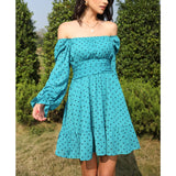 Women Tie Back Summer Dresses Long Lantern Sleeve Square Neck Ruffle Elastic Waist Aline Casual Mini Dress