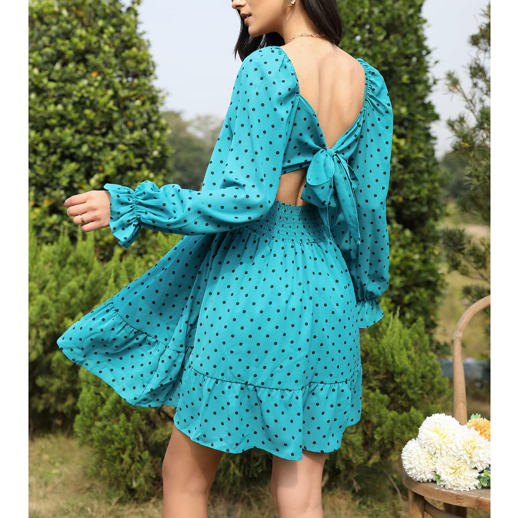 Women Tie Back Summer Dresses Long Lantern Sleeve Square Neck Ruffle Elastic Waist Aline Casual Mini Dress