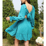 Women Tie Back Summer Dresses Long Lantern Sleeve Square Neck Ruffle Elastic Waist Aline Casual Mini Dress