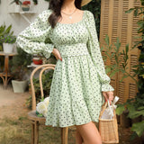 Women Tie Back Summer Dresses Long Lantern Sleeve Square Neck Ruffle Elastic Waist Aline Casual Mini Dress