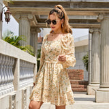 Women Tie Back Summer Dresses Long Lantern Sleeve Square Neck Ruffle Elastic Waist Aline Casual Mini Dress