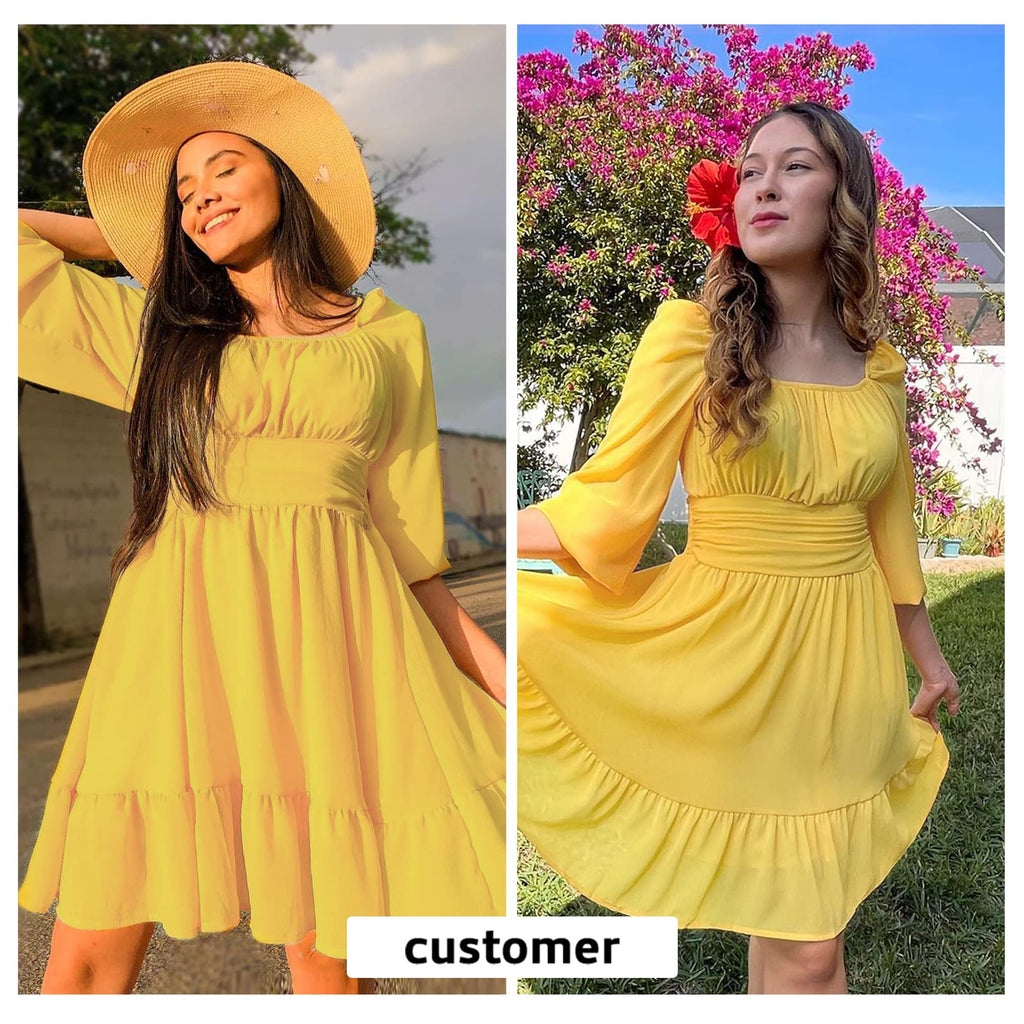 Women Tie Back Summer Dresses Long Lantern Sleeve Square Neck Ruffle Elastic Waist Aline Casual Mini Dress
