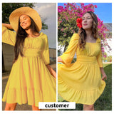 Women Tie Back Summer Dresses Long Lantern Sleeve Square Neck Ruffle Elastic Waist Aline Casual Mini Dress
